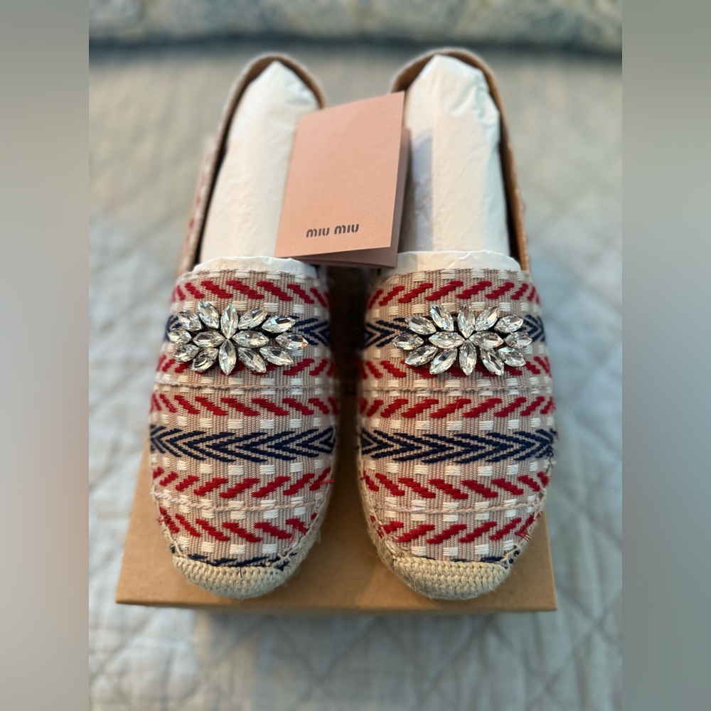 Miu Miu Red and Blue Espadrilles with Crystal Embellishments